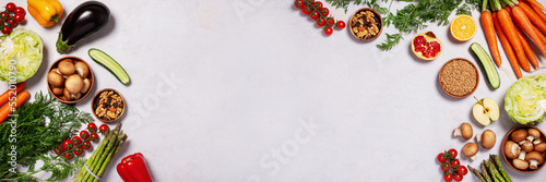 Food banner background with vegan products, vegan food on table, top view , veganuary concept