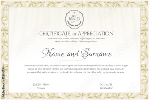 Certificate Template. Diploma of modern design or gift certificate. Frame from guilloche pattern. Elegant and expensive design. Vector illustration.