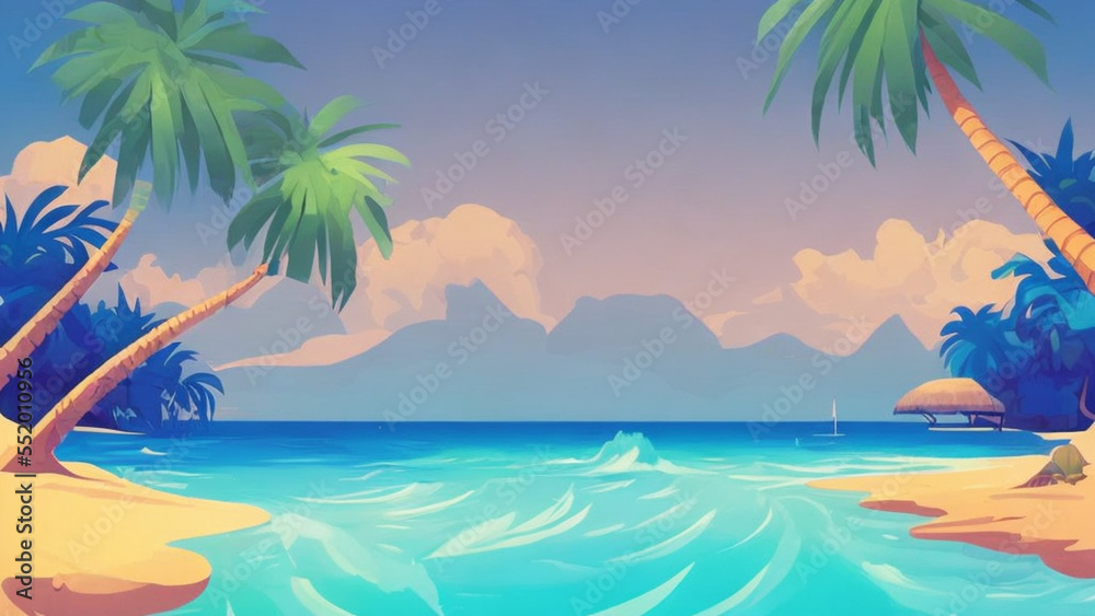 illustration style, Relaxing, sandy beach with turquoise waters and palm tree