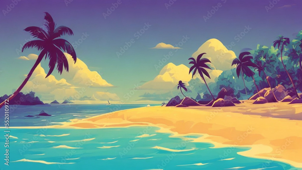 illustration style, Relaxing, sandy beach with turquoise waters and palm tree
