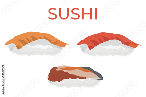 Sushi, traditional Japanese food. Asian seafood group. Template for sushi restaurant, cafe, delivery or your business.