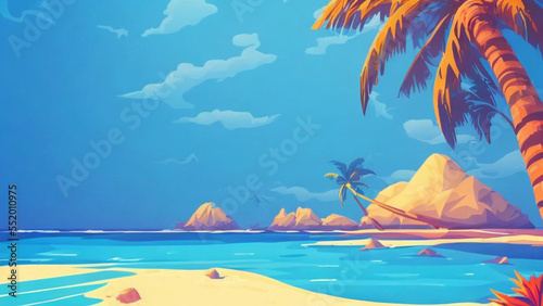 illustration style  Relaxing  sandy beach with turquoise waters and palm tree