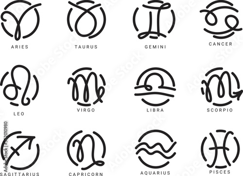 Zodiac sign. Astrological symbols of the twelve zodiacal constellations isolated on white background. Vector illustration