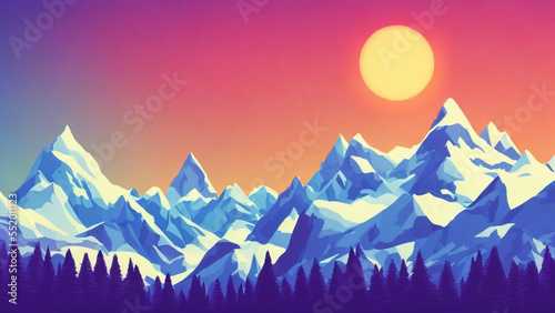 illustration style  Majestic  snow-capped mountain peaks with a brilliant sky