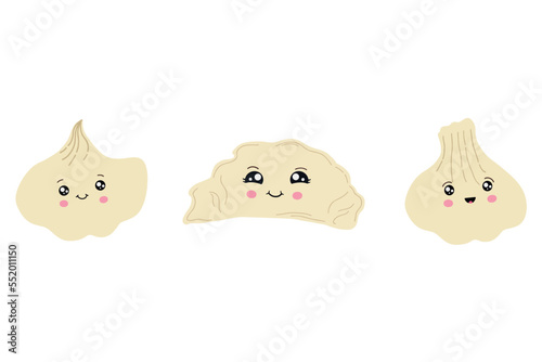 A set of cute dumplings in the style of kawaii. Vector illustration of Asian cuisine.