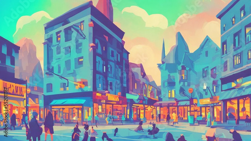 illustration style, Vibrant, bustling city street with shops, cafes, and people