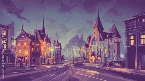 illustration style, Elegant, vintage cityscape with historic buildings and cobblestone streets