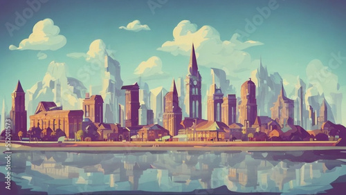 illustration style, Elegant, vintage cityscape with historic buildings and cobblestone streets