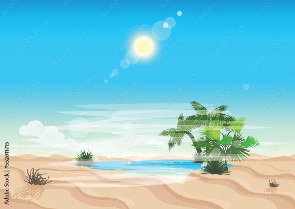 Mirage or oasis in a hot desert with a pond and palm trees. Surreal vector illustration.