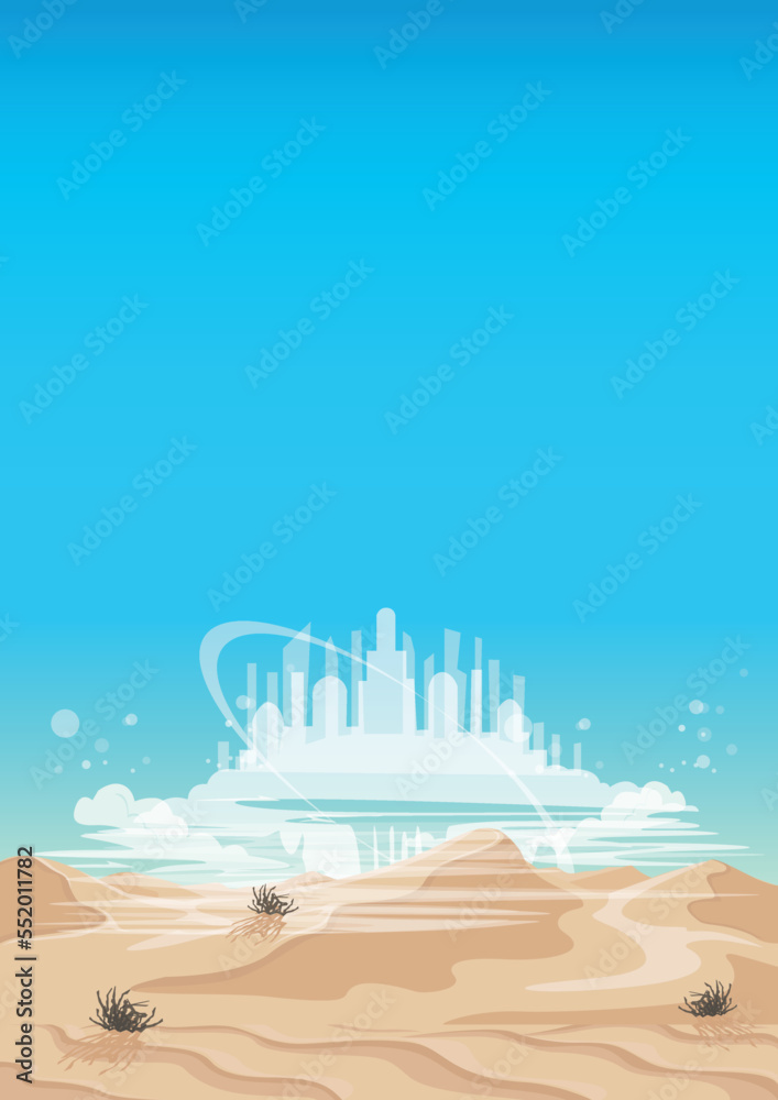 A mirage in a hot and sunny desert, a castle in the clouds is visible. Surreal fairy tale vector illustration. A mirage in a hot and sunny desert, a castle in the clouds is visible. Surreal fairy tale vector illustration.