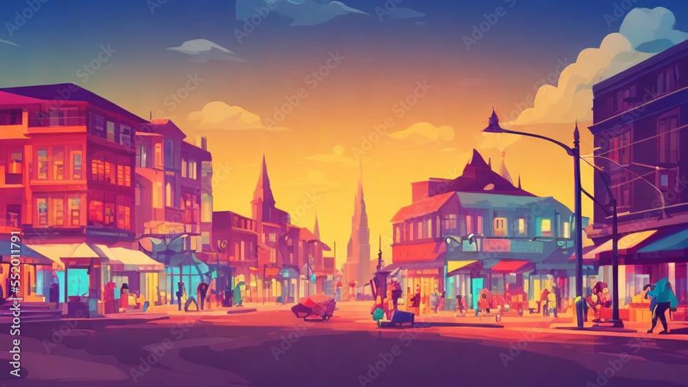 illustration style, Vibrant, bustling city street with shops, cafes, and people