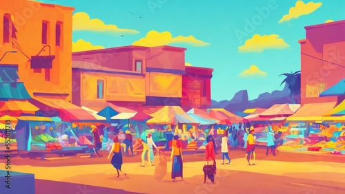 illustration style, Vibrant, bustling street market with colorful stalls and peopl