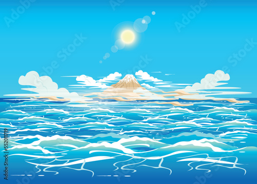 Mirage in the ocean with waves and a non-existent island on the horizon. Surreal vector illustration.