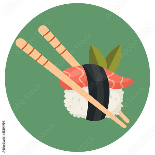 Sushi with salmon and nori with chopsticks.  Sushi roll japanese food in restaurant 