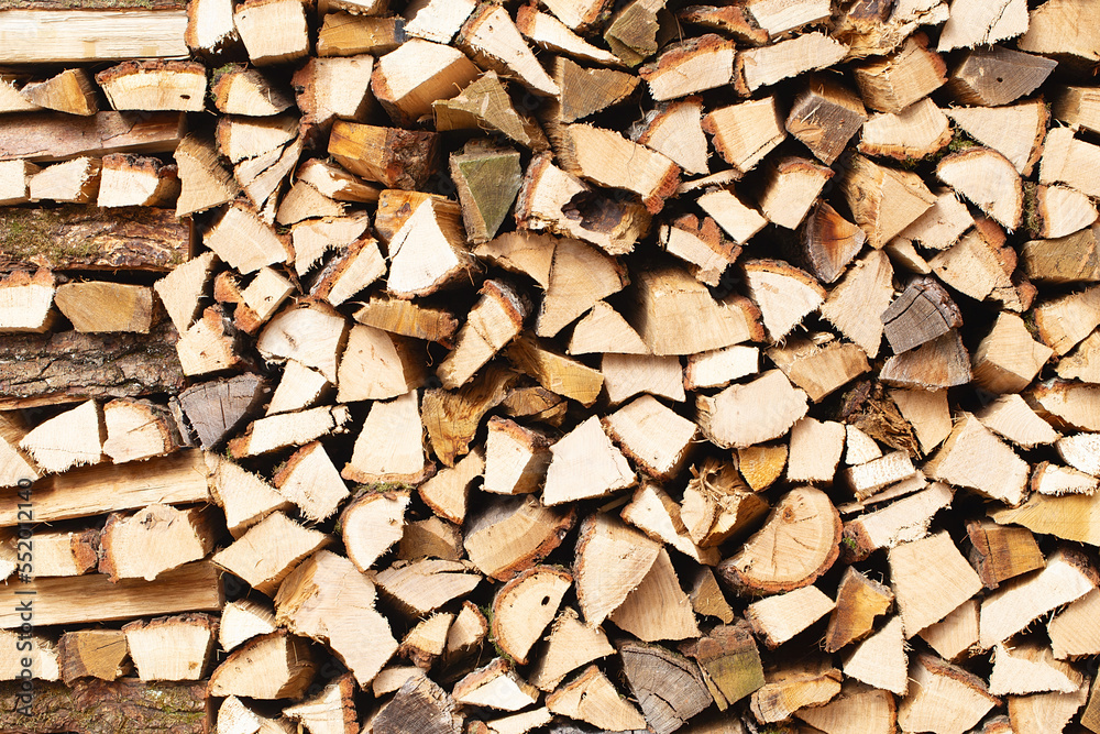 Wall of firewood, background of dry chopped firewood. Wooden background. Natural texture. World energy crisis. Heating with wood. Firewood for fireplace and stove. Wall of firewood, background of dry chopped firewood. Wooden background. Natural texture. World energy crisis. Heating with wood. Firewood for fireplace and stove.
