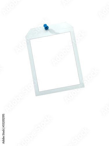 Instant frames hang on wall with colored pins. Isolated