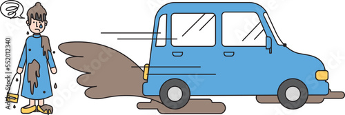 泥をはねられた女性と自動車