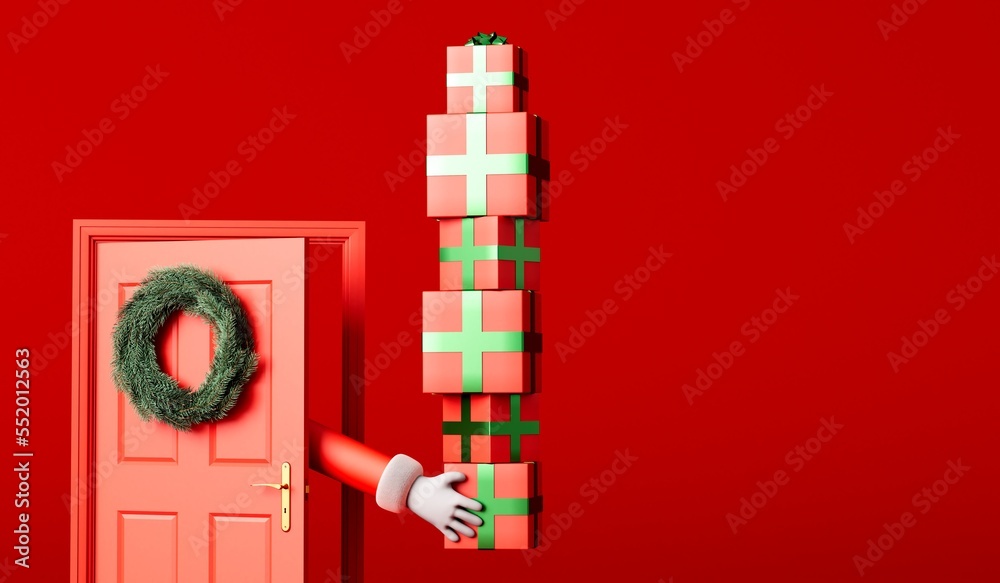 Cartoon Father Christmas hand delivering presents through a red front door. 3D Rendering