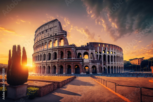 Generative AI : sunrise at the Colosseum in Rome photo