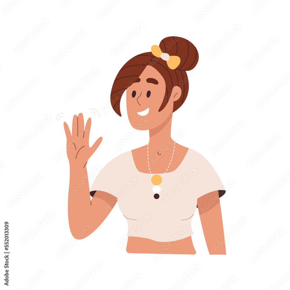 Happy woman greeting smb and waving with hand. Smiling cartoon girl say hello or goodbye. Friendly welcome gesture. Color flat vector illustration Happy woman greeting smb and waving with hand. Smiling cartoon girl say hello or goodbye. Friendly welcome gesture. Color flat vector illustration