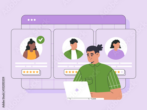Recruitment agency, hiring employees. Hr manager with laptop selects the best candidate for job vacancy. CV, resume analysis. Hand drawn vector illustration isolated on background, flat cartoon style