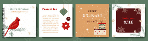 Winter holidays square templates set. Christmas festive design for social media post, sale, frame, card, banner, web advertising, internet ads. Vector illustration