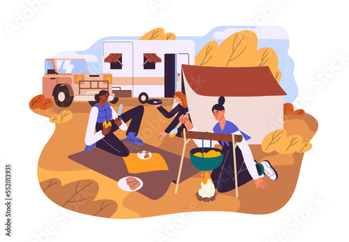 Fall camping. Girls cooking food in nature, at campground. Women friends campers cook meal on fire outdoors near tent. People at autumn campsite. Flat vector illustration isolated on white background