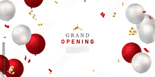 Design your opening card with gold balloons and ribbons. business banner template vector illustration