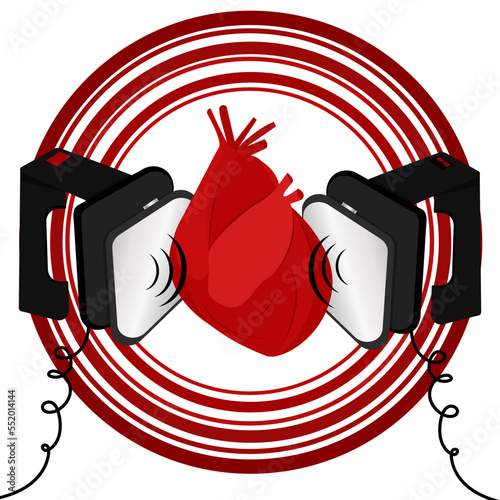 Medicine and cardiology. Defibrillator restore heart rate to life. Human heart in doctor's pouches. Vector illustration in flat style