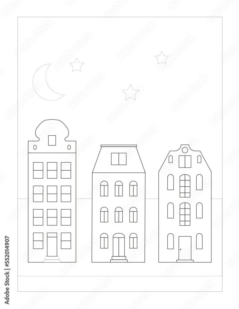 old city houses vector coloring page
