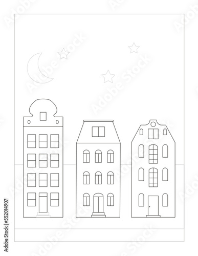 old city houses vector coloring page