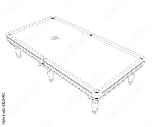 Outline of billiard table with balls from black lines isolated on white background. Isometric view. 3D. Vector illustration.