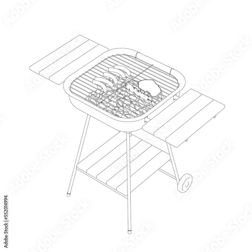 Contour of a brazier with meat and sausages from black lines isolated on a white background. Isometric view. 3D. Vector illustration.