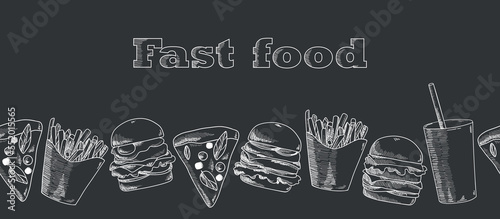 Hand drawn fast food seamless banner. Soda, pizza, burger and french fries drawing. Fast food vector hand drawn set. Great for label, menu, poster, banner, voucher, coupon