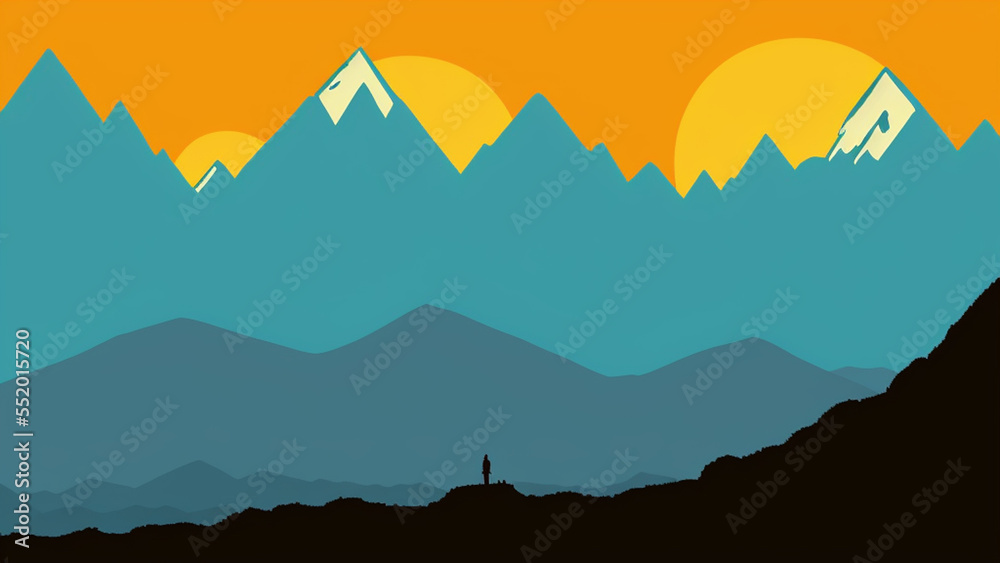 illustration style, Majestic mountain peak with dramatic clouds and vibrant sunset