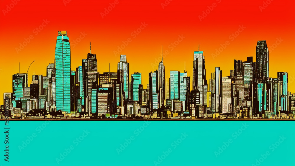illustration style, Vibrant city skyline with gleaming skyscrapers and colorful lights