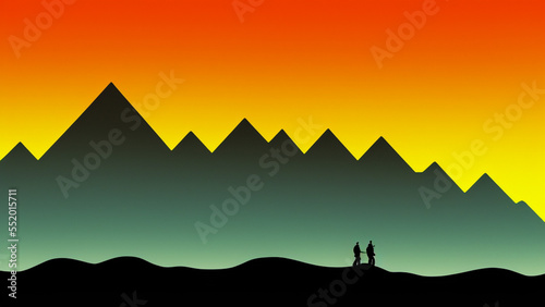 illustration style  Majestic mountain peak with dramatic clouds and vibrant sunset