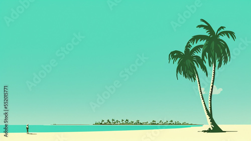 illustration style  Lush  tropical island paradise with crystal-clear waters and palm trees