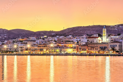 The sunset at the port of Hermoupolis in Syros, Greece