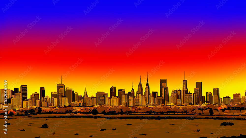 illustration style, Stunning, vibrant sunset over a city skyline with twinkling lights