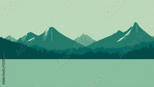 illustration style, Majestic, snow-capped mountain range with a tranquil blue sky