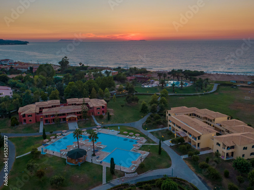 Aerial drone view of luxury hotel in Acharavi, North corfu , Greece