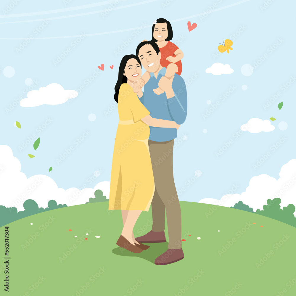 Mom, dad and daughter are standing together with happy expressions. hand drawn style vector design illustrations.