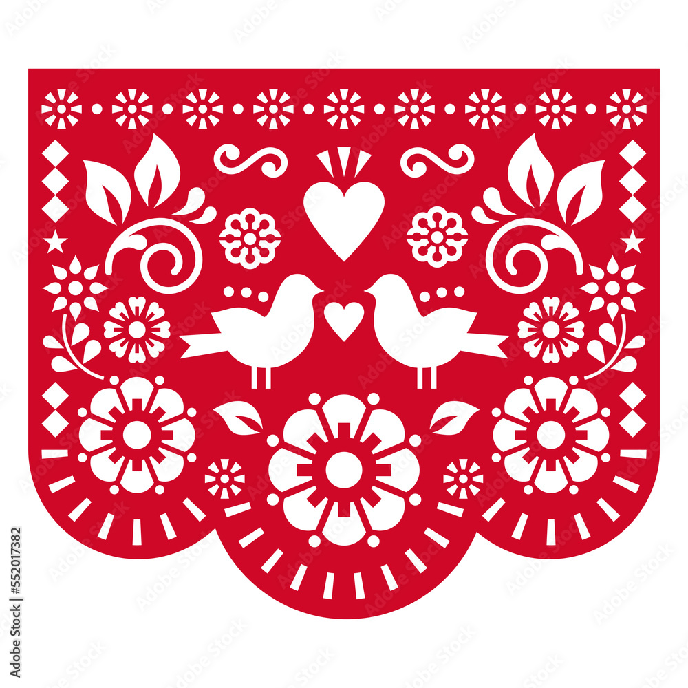 Valentine's Day paper cutout decoration Mexican Papel Picado vector design with birds, heart and flowers, red background
