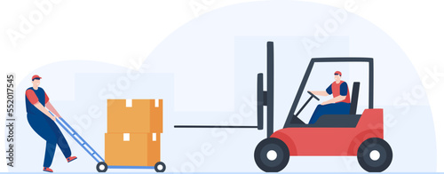 Forklift lifting weight. Worker loading packages on forklift. Illustration