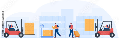 Warehouse worker working together on shipment. Forklift loading and carry parcels. Vector illustration