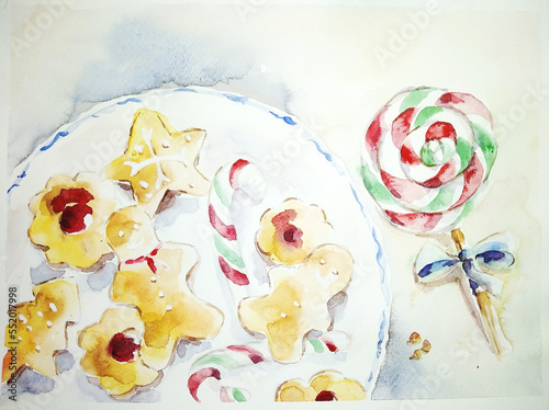 Gingerbread cookies on plate, lollypop candy watercolor illustration.