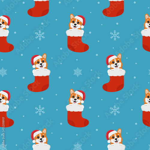 Seamless pattern with corgis in christmas sock. Background for wrapping paper, greeting cards and seasonal designs. Merry Christmas and Happy new year.