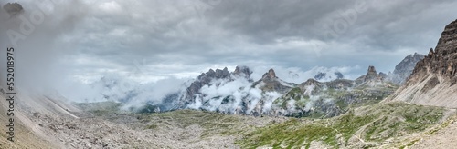 Famous Tre Cime di Lavaredo at summer time. Landscape of Alps Mountains. Dolomites, Alps, Italy, Europe (Drei Zinnen)