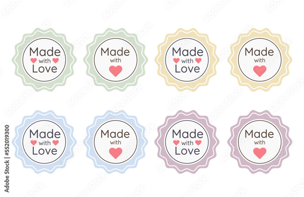 Made with Love Emblems. Handcrafted Icon signs. Handmade label badges vector design. Made with Love emblem set